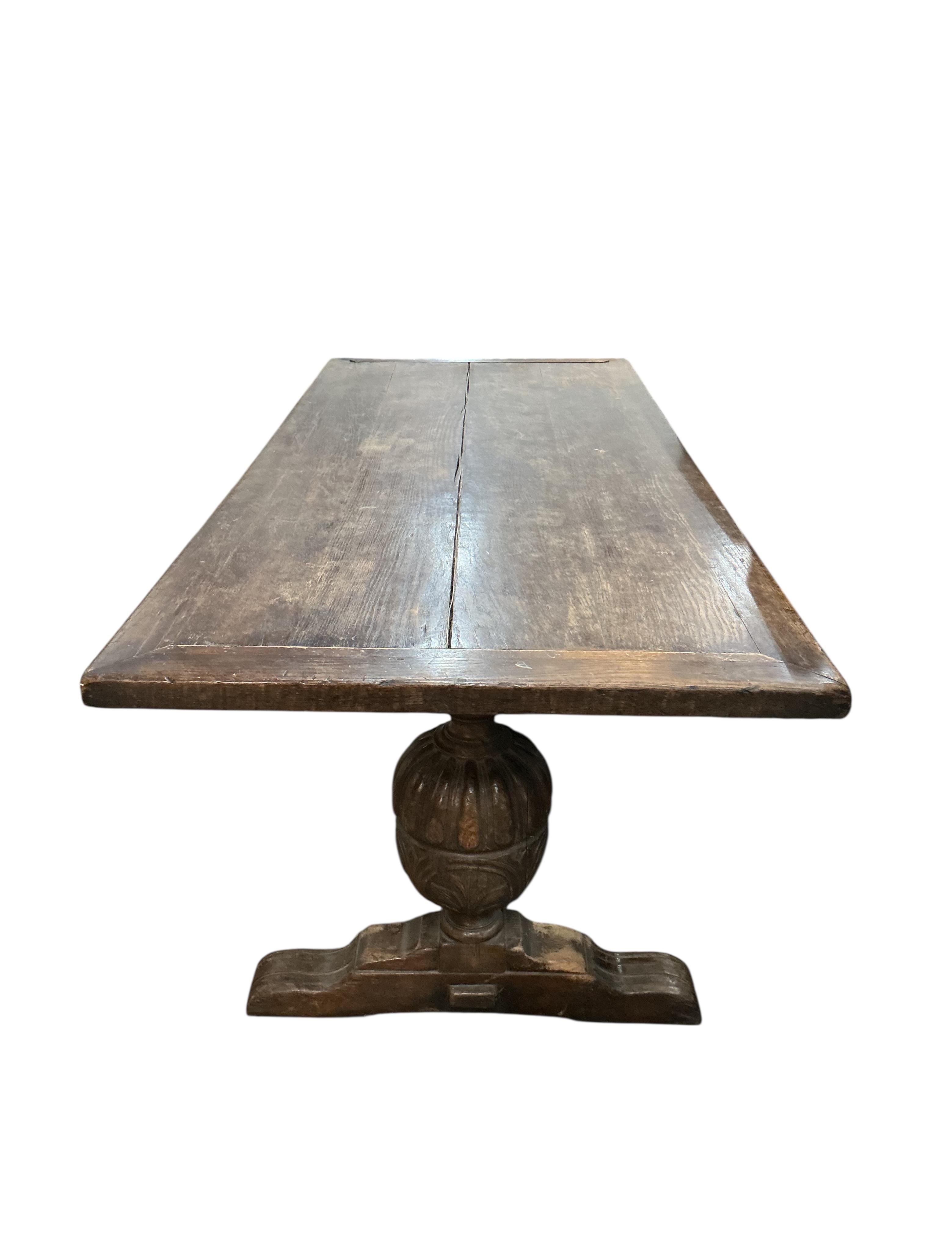 An 18th century style rectangular oak refectory dining table, width 213cm, depth 90cm, height 75cm